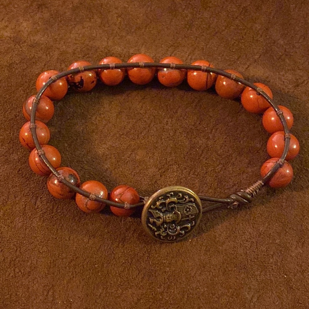 Jasper Brown Leather Wrap Bracelet with Brass Colored Closure
